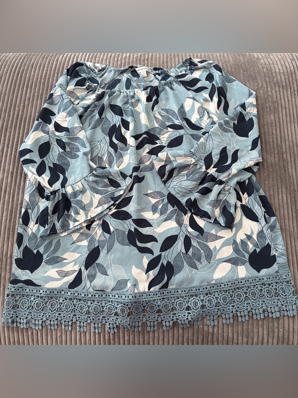 Counterparts Sky Blue Leaf-Print Off-Shoulder Blouse with Lace Hem